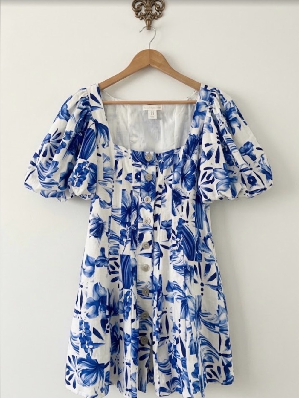 HOUSE OF HARLOW 1960 Linen Blend Mini Dress Blue White Floral Print Puff Sleeve
